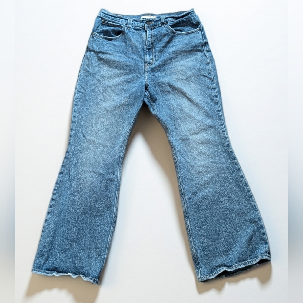 Levi's Premium 70s High Flare Women's Medium Wash Blue Denim Jeans Distressed